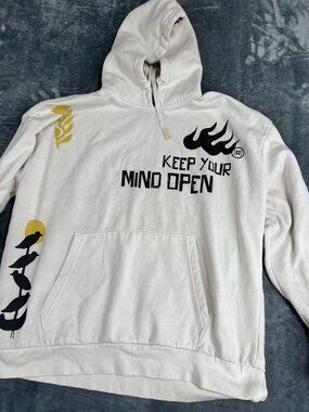 Renuar White Graphic Hoodie Keep Your Mind Open Birds Flames Size L